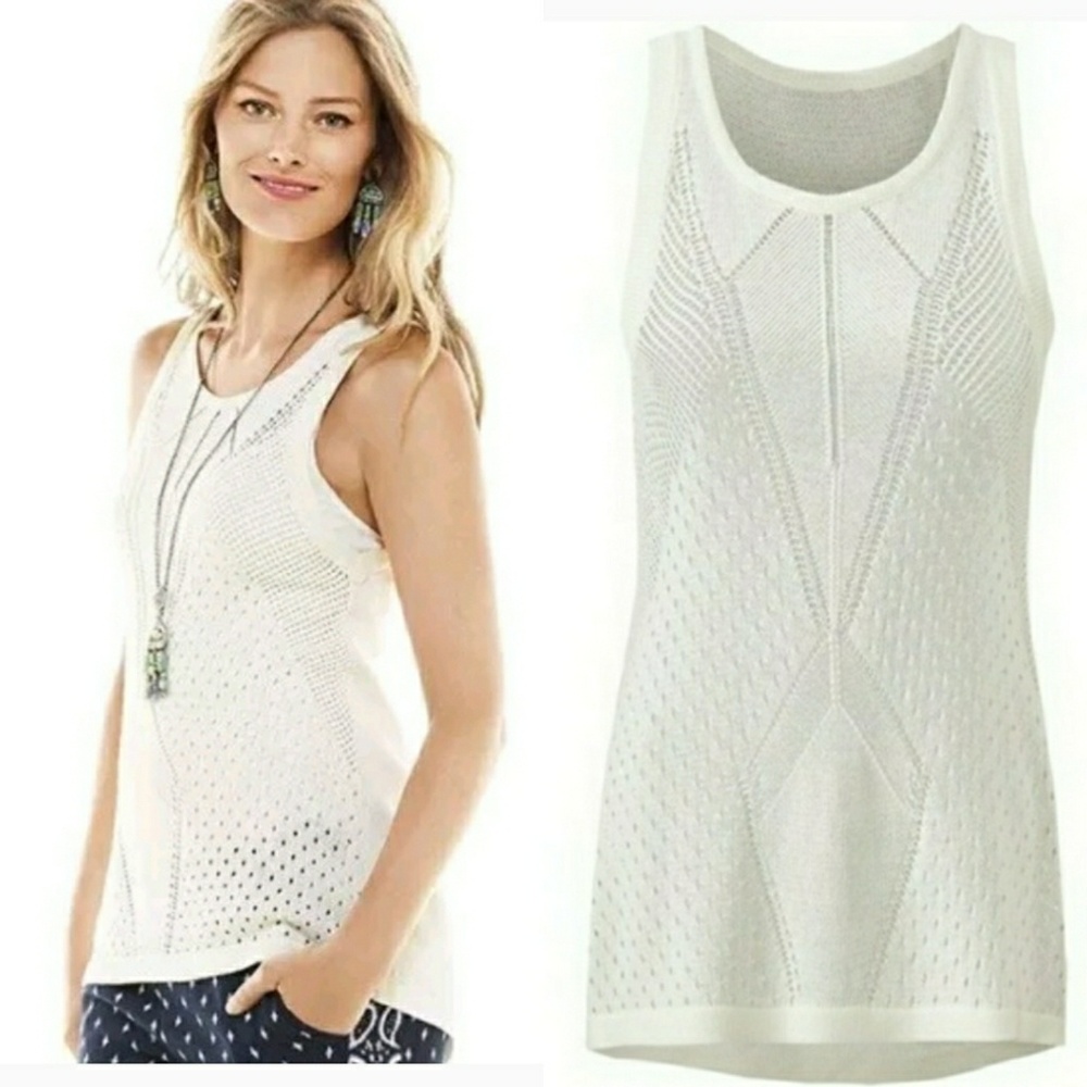 Cabi 5136 Tennis Tank Cream Crochet Knit Tee